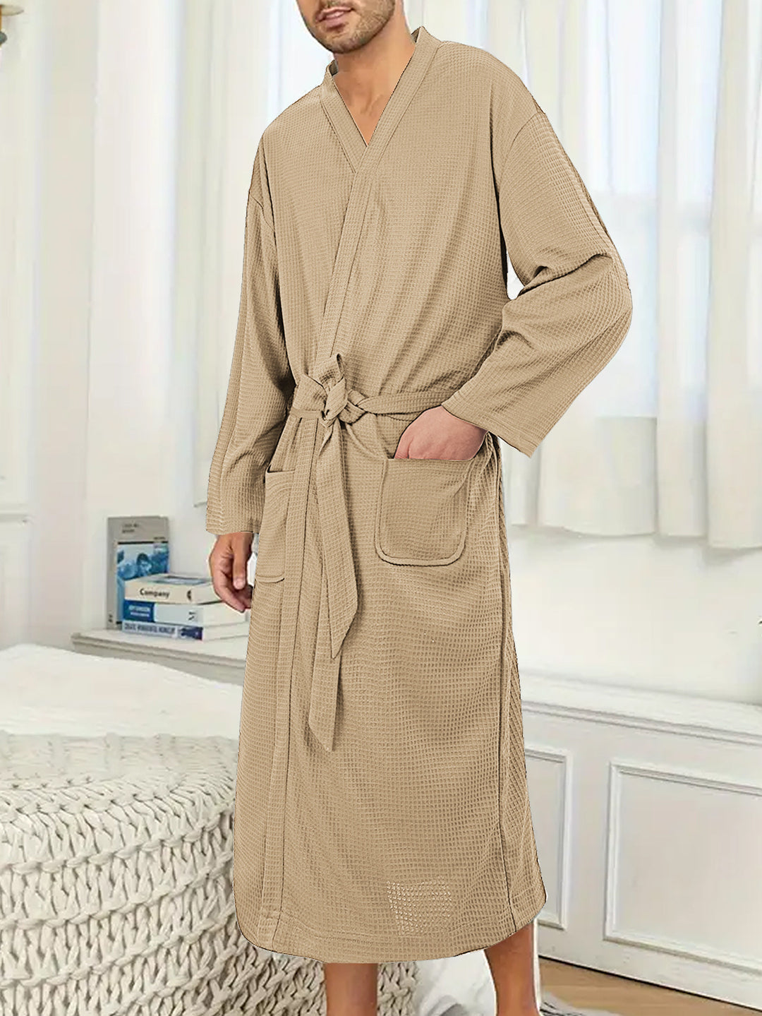 Men's lightweight cotton kimono bathrobe with waffle texture and patch pockets Mune Fashion