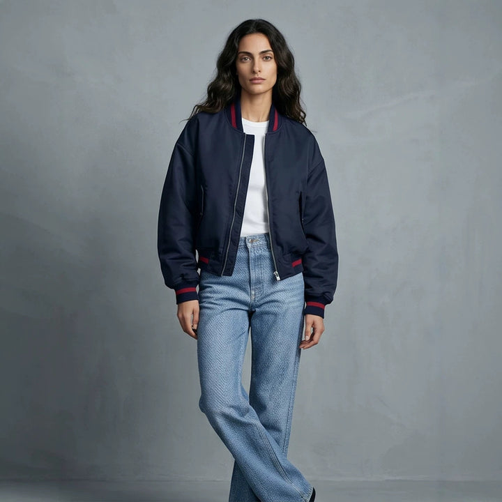 Women's Short Cut Oversized Bomber Jacket with Voluminous Sleeves and Ribbed Cuffs Mune Fashion