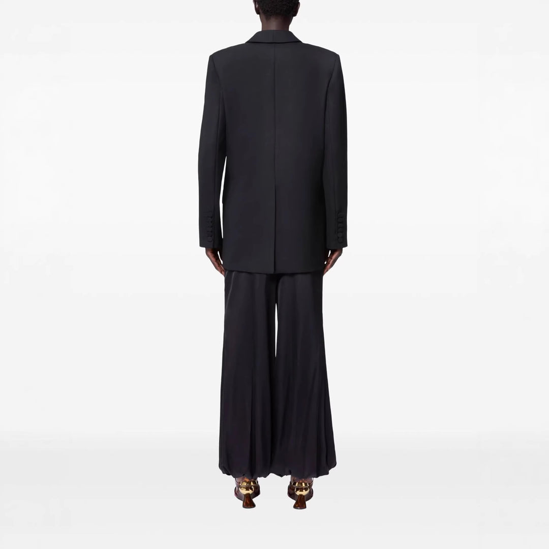 Women's Oversized Smoking Long Blazer with Deep Shawl Collar and Extended Shoulder Line Mune Fashion