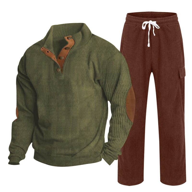 Men's Cozy Leisure Set made of Waffle Knit Henley with Elbow Patch and Relax Cargo Pants Mune Fashion