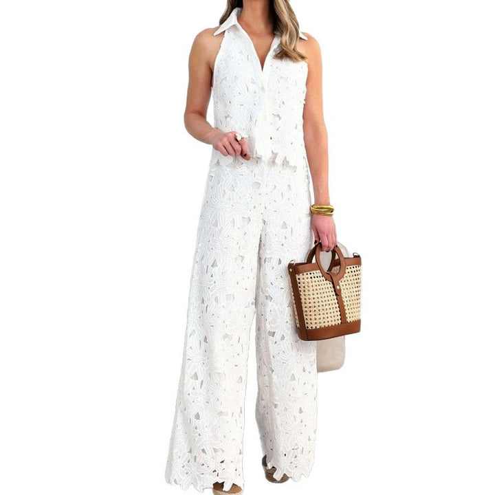 Ladies' airy lace two-piece with shirt collar and wide leg Mune Fashion