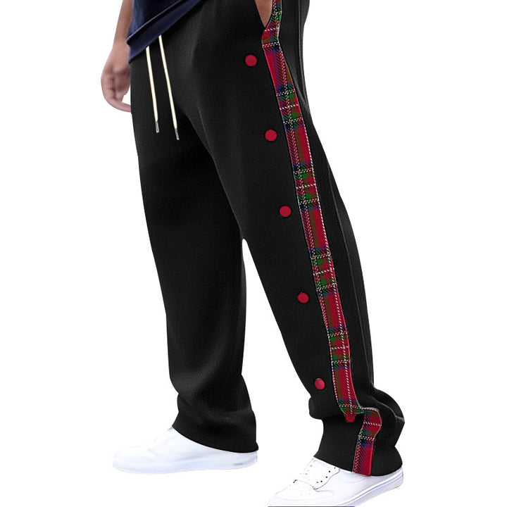 Men's casual jogging pants with checkered side piping, snap button placket, and ankle slits Mune Fashion