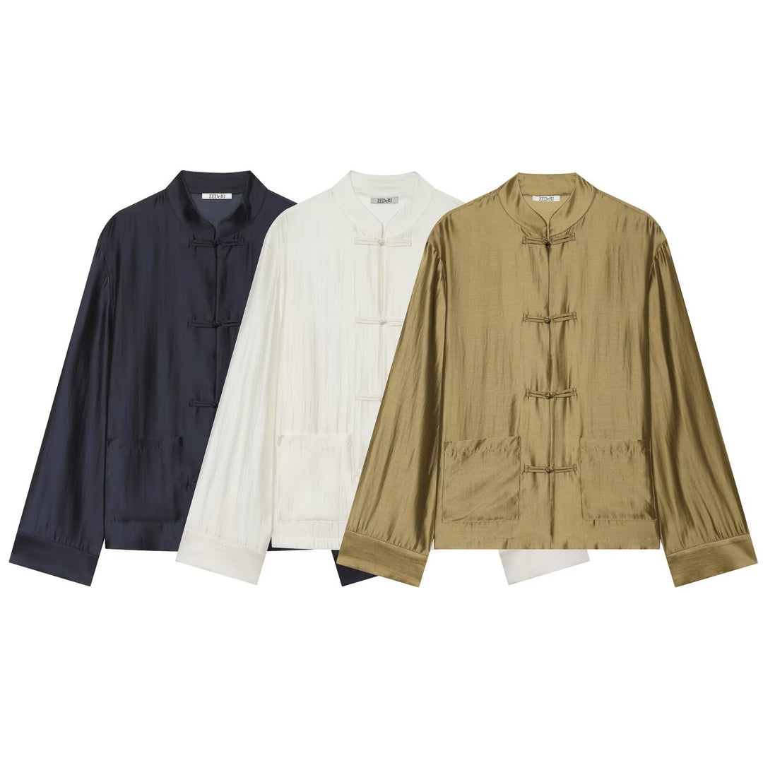 Women's Mandarin Collar Jacket with Chinese Knot Fastenings and Patch Pockets Mune Fashion