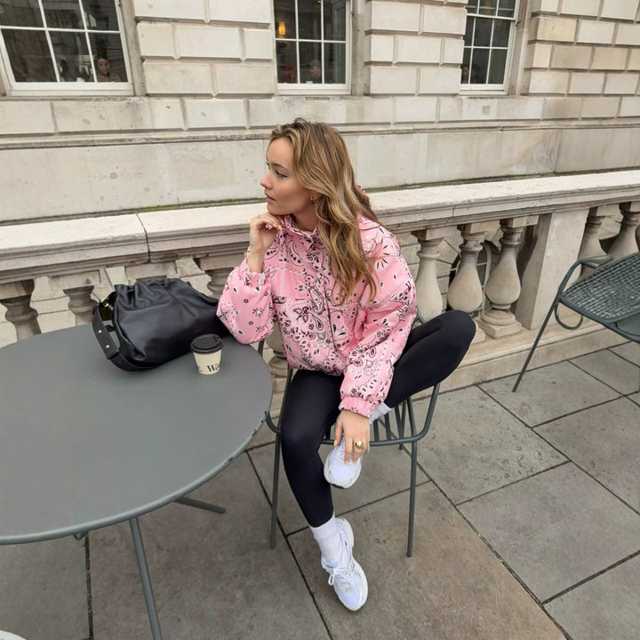 Women's Printed Hooded Transitional Jacket with Bandana Print and Kangaroo Pocket Mune Fashion