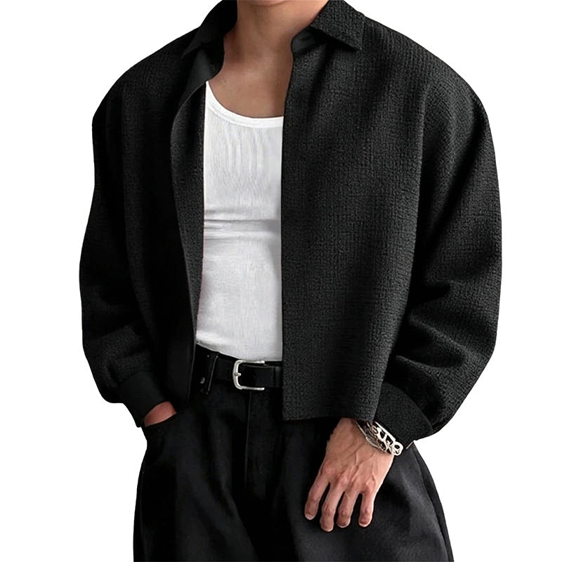 Men's Long Sleeve Textured Linen-Cotton Shirt with Classic Kent Collar Mune Fashion