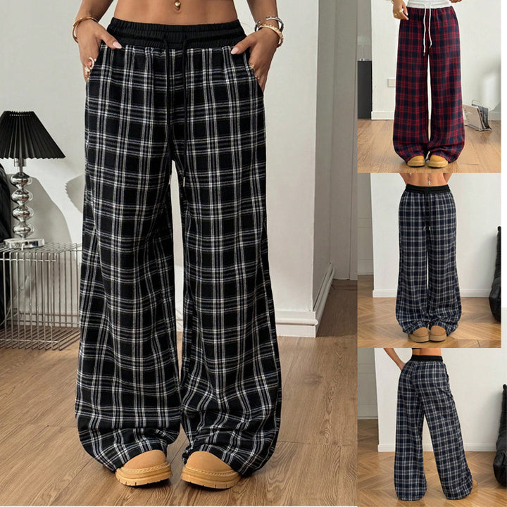 Women's wide plaid lounge pants with high elastic waistband and drawstring Mune Fashion