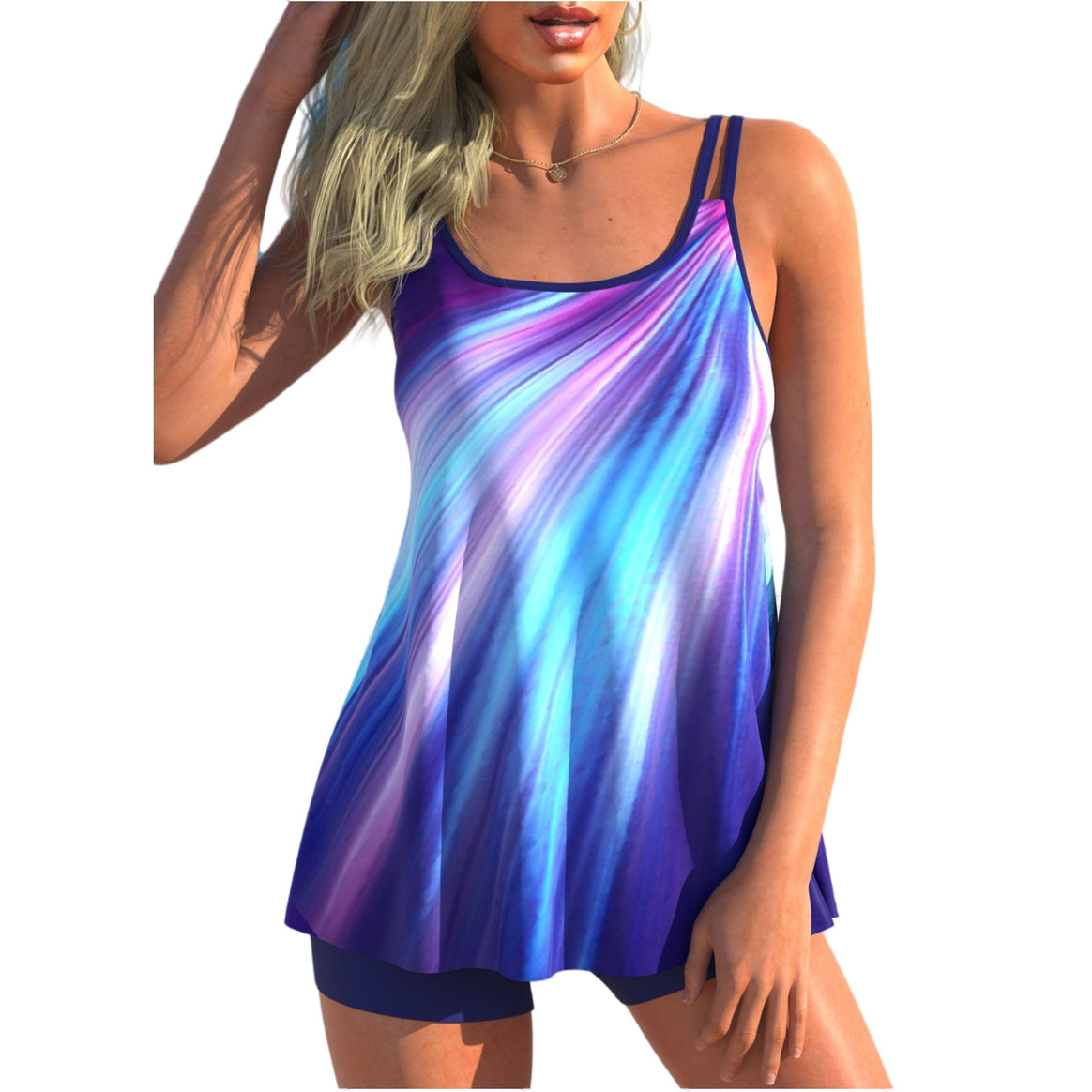 Women's flowing A-line tankini top with double spaghetti straps and figure-flattering fit Mune Fashion