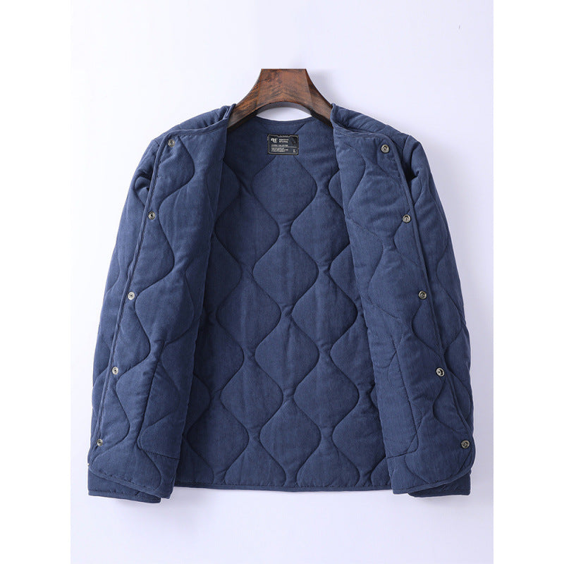 Men's Padded Quilted Jacket without Collar with Round Neck and Patch Pockets Mune Fashion