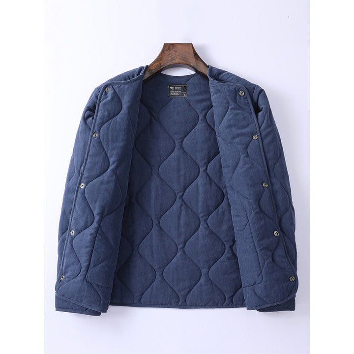 Men's Padded Quilted Jacket without Collar with Round Neck and Patch Pockets Mune Fashion
