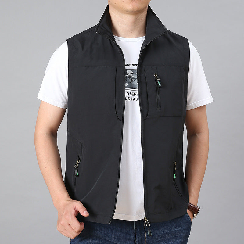 Men's Lightweight Multifunctional Outdoor Vest with Zipper Pockets and Stand Collar Mune Fashion