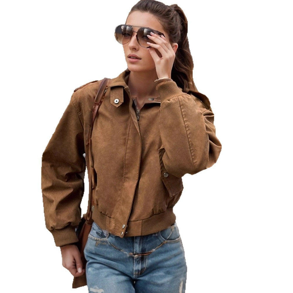 Women's short-cut bomber jacket made of faux suede with ribbed cuffs Mune Fashion