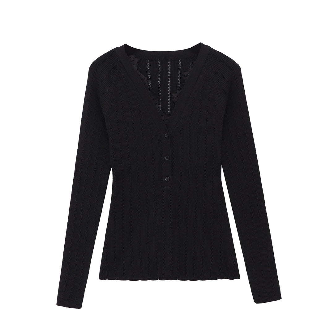 Women's Ribbed Long Sleeve Fine Knit Top with Deep V-Neck, Button Placket and Lace Trim Mune Fashion