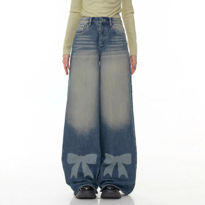 Women's high-waisted Palazzo pants made of denim with extra wide leg and bow print Mune Fashion