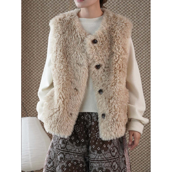 Women's Fluffy Teddy Vest with Button Closure and Round Neckline Mune Fashion
