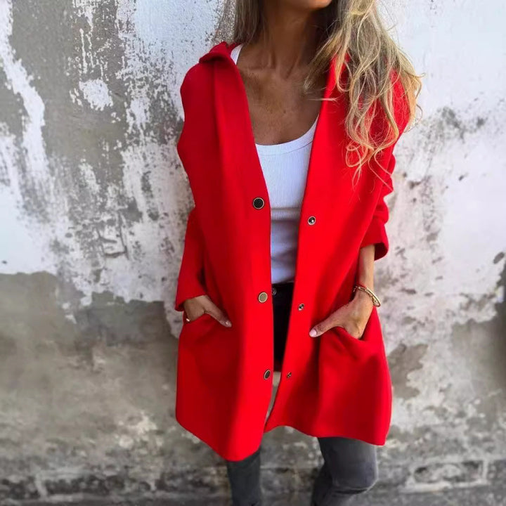 Women's Midi Length Oversized Coat made of Wool Blend with Clear Button Placket and Minimalist Lapels Mune Fashion