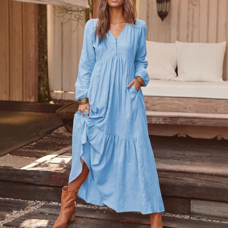 Ladies Long Tiered Dress made of Linen Blend with V-Neck and Side Pockets Mune Fashion