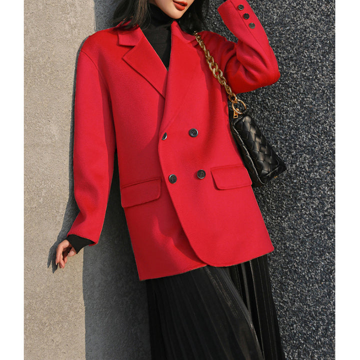 Women Elegant Long Blazer with Double Button Placket Mune Fashion