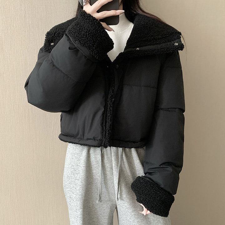 Women's short padded jacket with high-closing shawl collar and teddy cuffs Mune Fashion