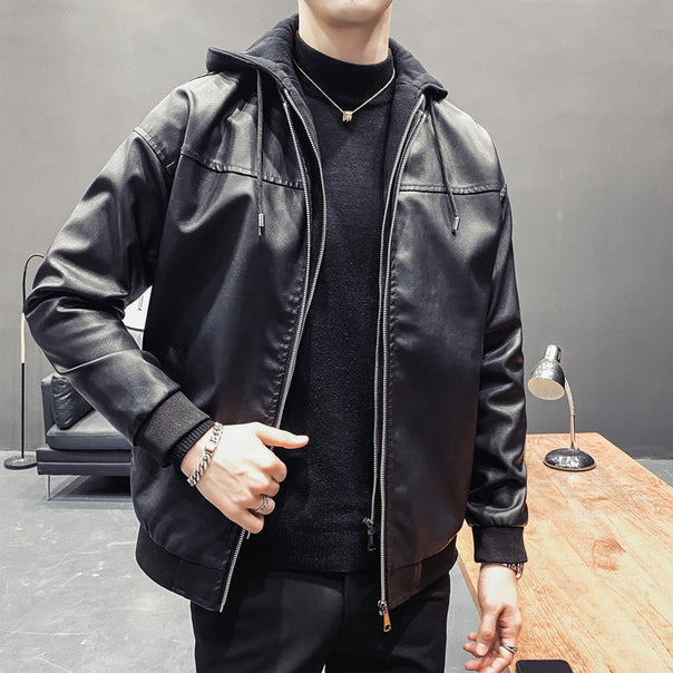 Men's Faux Leather Bomber Jacket with Hood Liner and Ribbed Cuffs Mune Fashion
