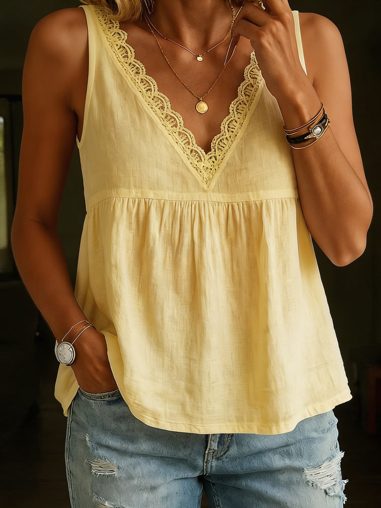 Women's airy V-neck blouse shirt with lace accents Mune Fashion