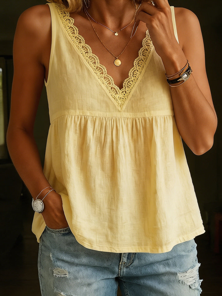 Women's airy V-neck blouse shirt with lace accents Mune Fashion