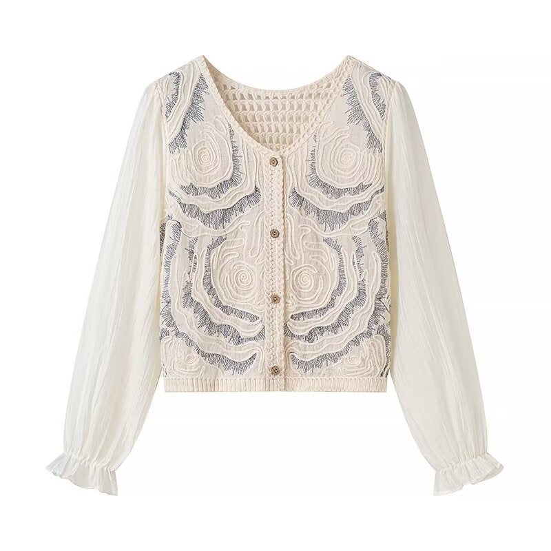 Ladies Embroidered Crochet Knit Cardigan with Transparent Pleated Sleeves Mune Fashion