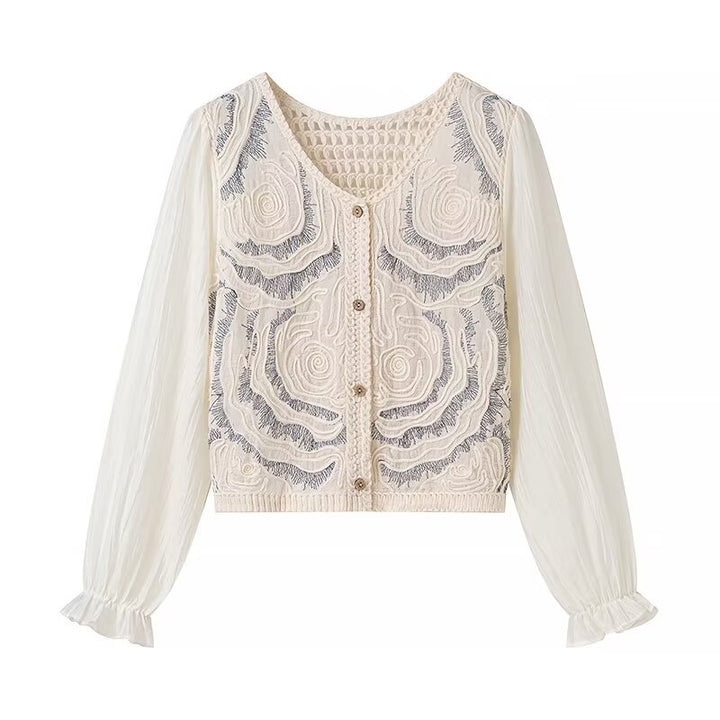 Ladies Embroidered Crochet Knit Cardigan with Transparent Pleated Sleeves Mune Fashion