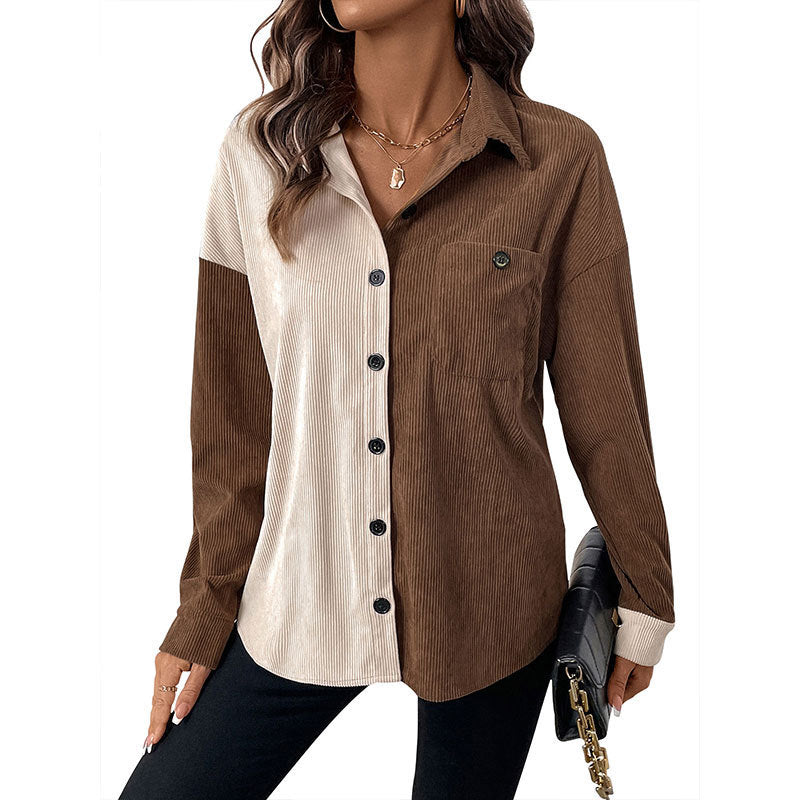 Women's Two-Tone Cord Shirt with Drop Shoulder and Patch Chest Pocket Mune Fashion