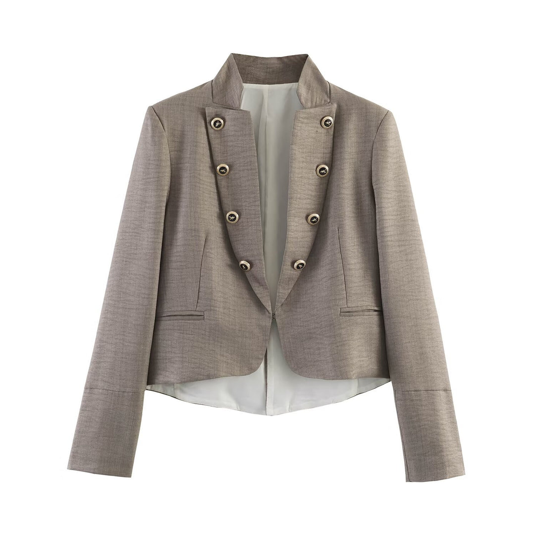 Women Short Blazer with Stand-up Collar, Double-breasted Decorative Button Placket and Tailored Silhouette Mune Fashion