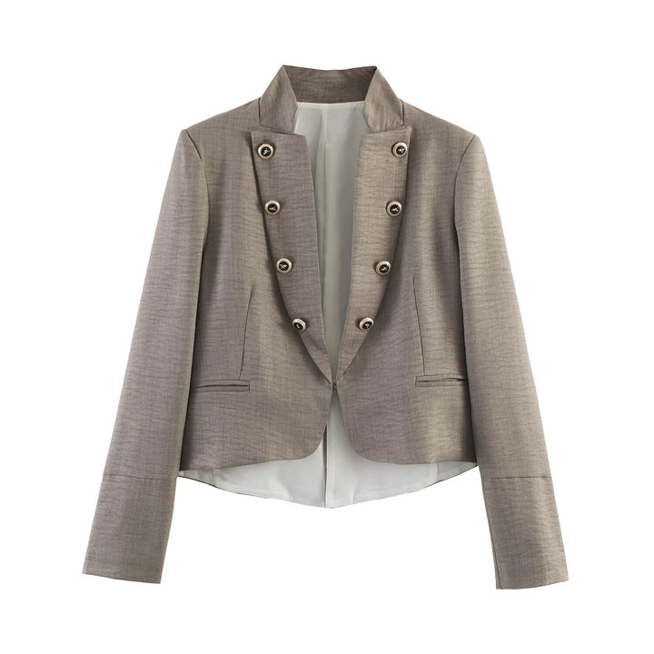 Women Short Blazer with Stand-up Collar, Double-breasted Decorative Button Placket and Tailored Silhouette Mune Fashion