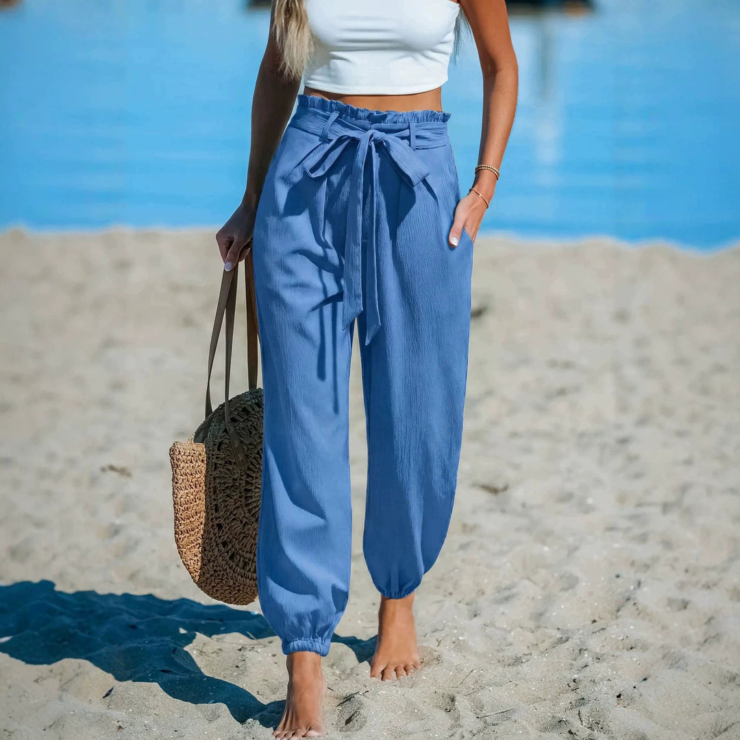 Women Lightweight Paperbag High Waist Pants with Tying Belt, Side Pockets and Elastic Ankle Cuffs Drune