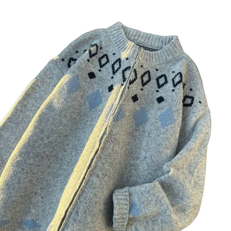 Unisex Chunky Knitted Norwegian Cardigan with Crew Neck, Full Zip and Jacquard Yoke Mune Fashion