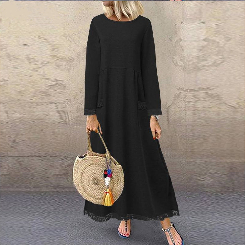 Ladies nan maxi dress with loose A-line cut, round neckline, patch pockets, and delicate lace trim Mune Fashion