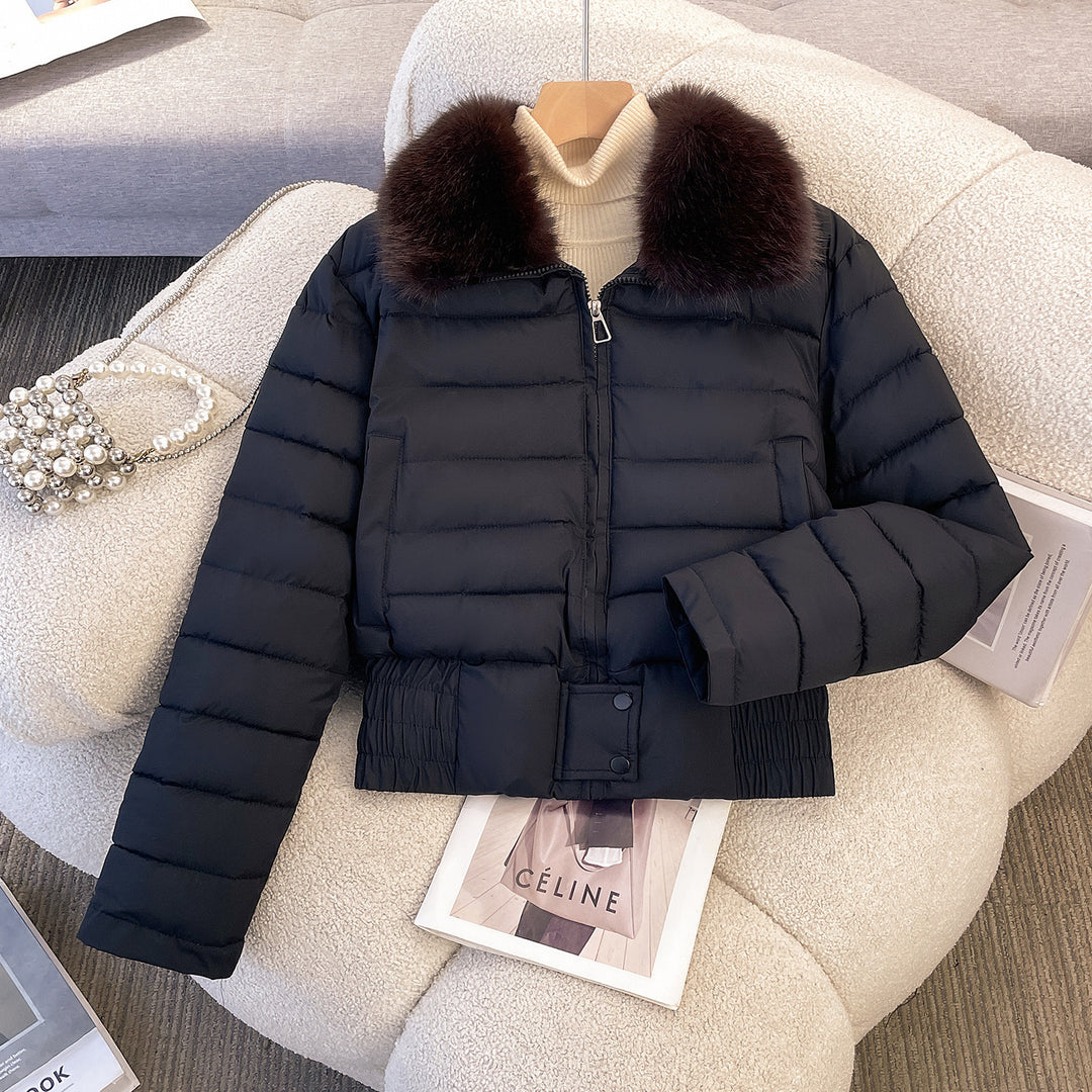 Women's short quilted bomber jacket with removable fur collar and fitted ribbed waistband Mune Fashion