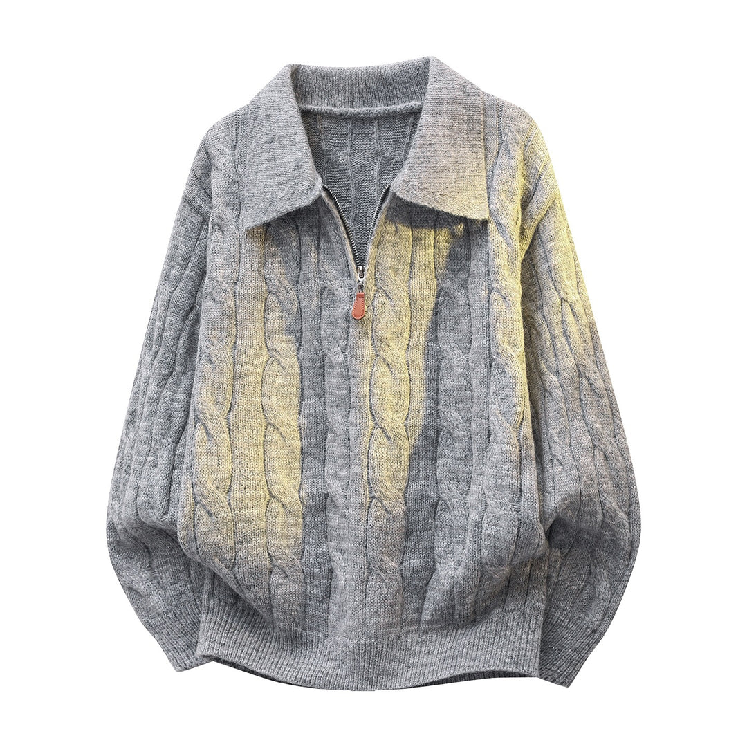 Unisex Oversize Cable Knit Sweater with Half Zip and Shirt Collar Mune Fashion