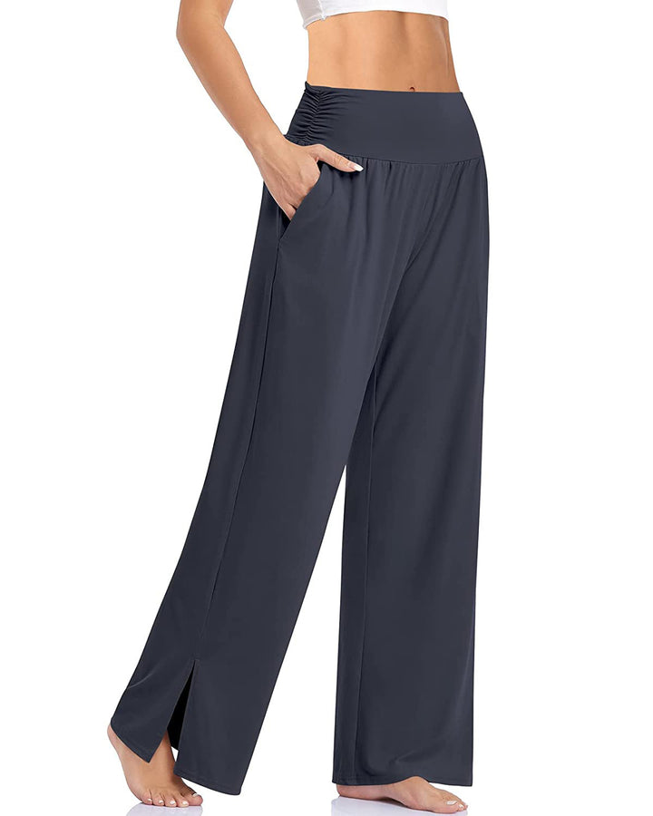 Women's wide Yoga pants with high comfort waistband, side pockets, and side leg slit Mune Fashion