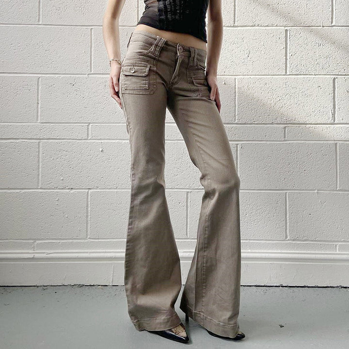 Women High-Waist Cargo-Flare Pants with Wide Leg and Patch Pockets Mune Fashion