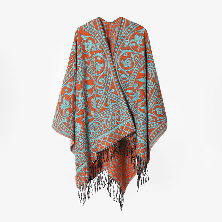 Women's coarse-woven rectangular poncho with oriental medallion jacquard and decorative fringed hem Mune Fashion