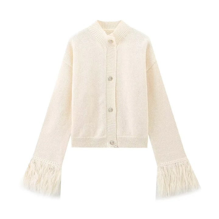 Women's 300+ Cropped Cardigan with Fringe Sleeves and Bead Button Placket Mune Fashion