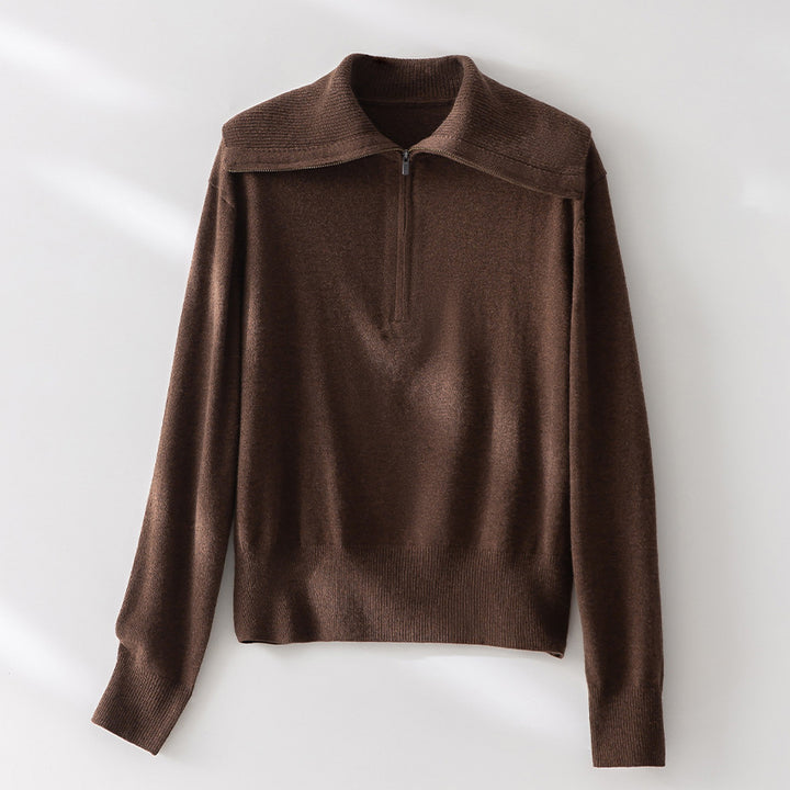 Women Fine Half-Zip Sweater with generous fold-over collar and slim fit Mune Fashion