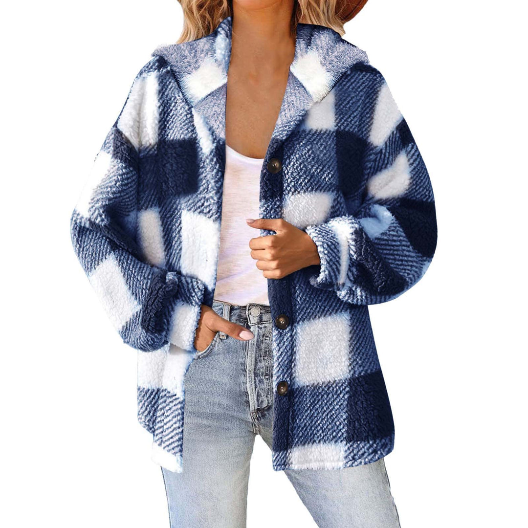 Women's fluffy checked teddy jacket with hood, button closure and oversized fit Mune Fashion