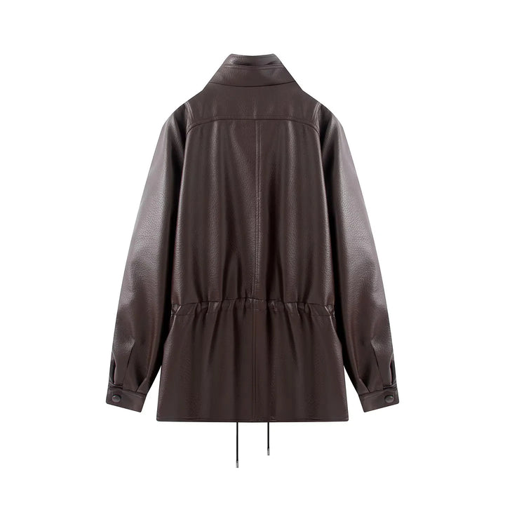 Women's long faux leather coat with double-breasted, high inner collar and drawstring waist Mune Fashion