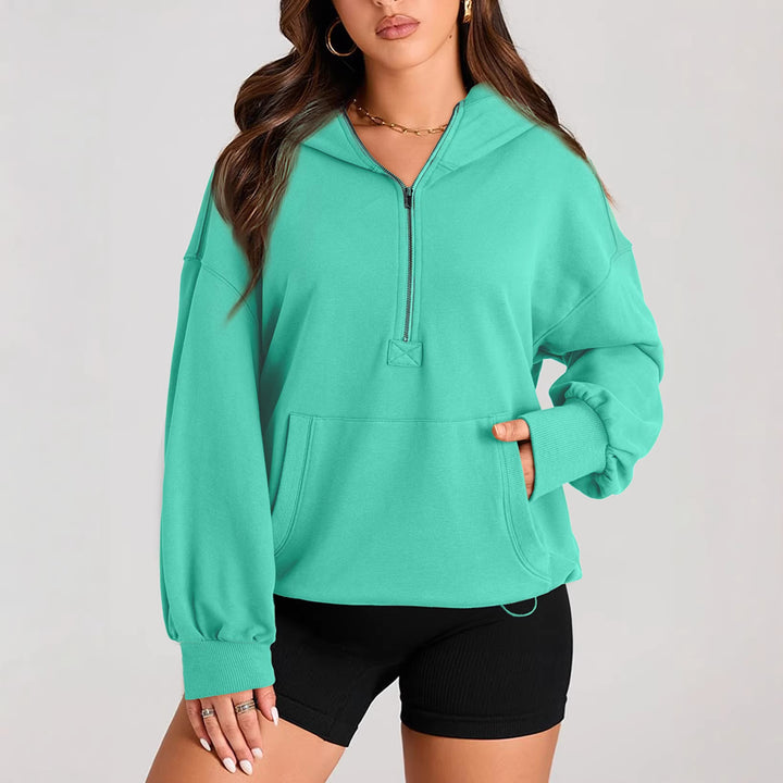 Women's Oversize Half-Zip Hoodie with Drawstring and Kangaroo Pocket Mune Fashion