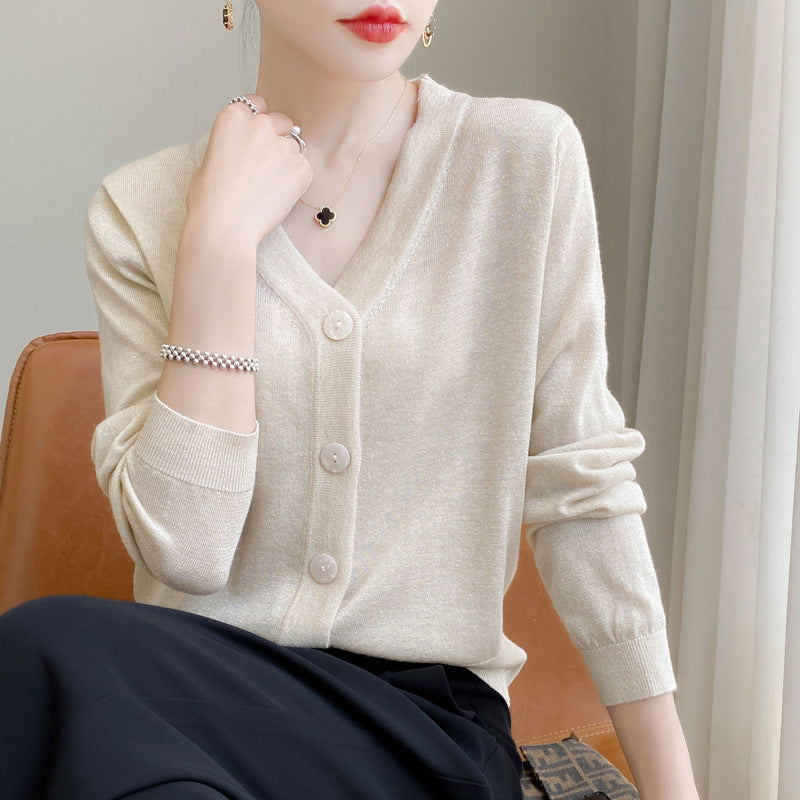 Women Light V-Neck Cardigan with Side Hem Slit and Ribbed Cuff Mune Fashion