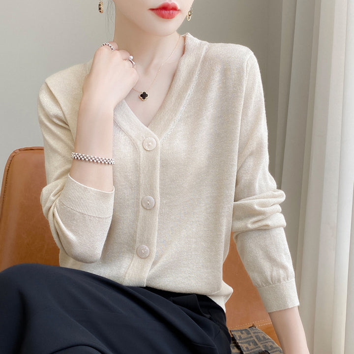 Women Light V-Neck Cardigan with Side Hem Slit and Ribbed Cuff Mune Fashion