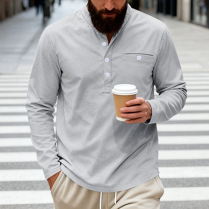 Men's long-sleeved Henley shirt with stand-up collar, breast pocket, and decorative button placket Mune Fashion