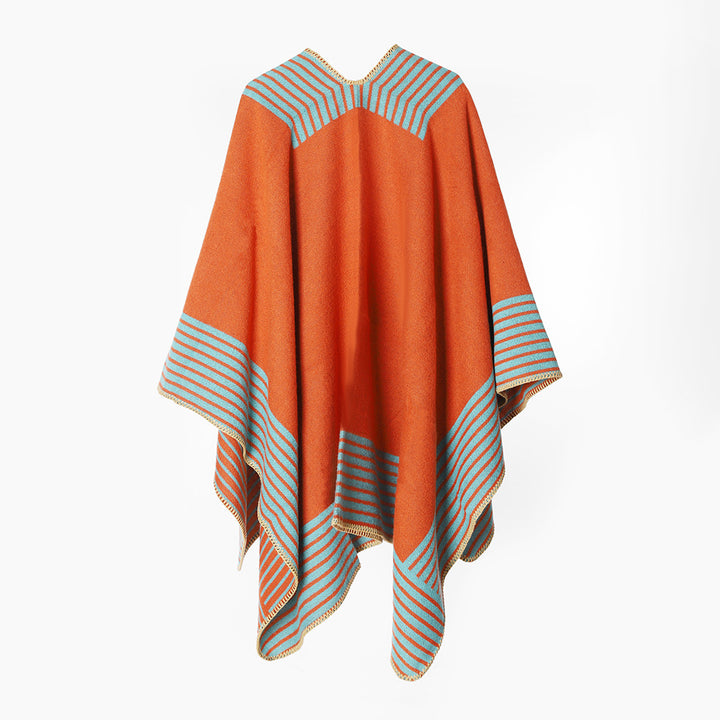 Women's knit poncho made of wool blend with striped jacquard and asymmetrical pointed hem Mune Fashion