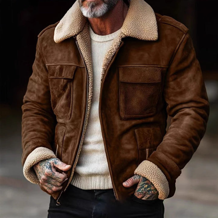 Men's nan aviator leather jacket with faux shearling lining, patch chest pockets and zip Mune Fashion