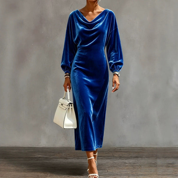 Women's midi dress made of velvet with draped waterfall neckline and balloon sleeves Mune Fashion