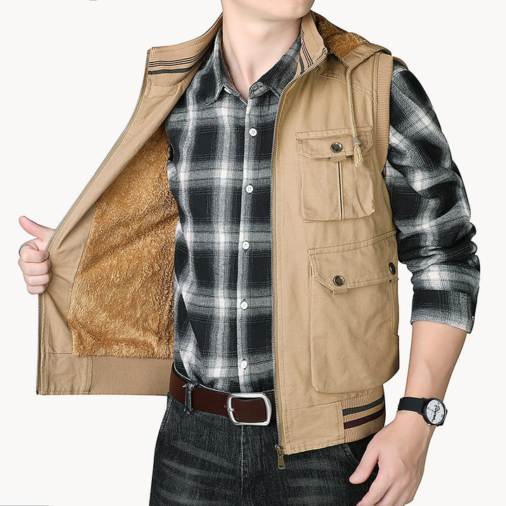Men's hooded vest with teddy lining and multifunctional utility pockets Mune Fashion